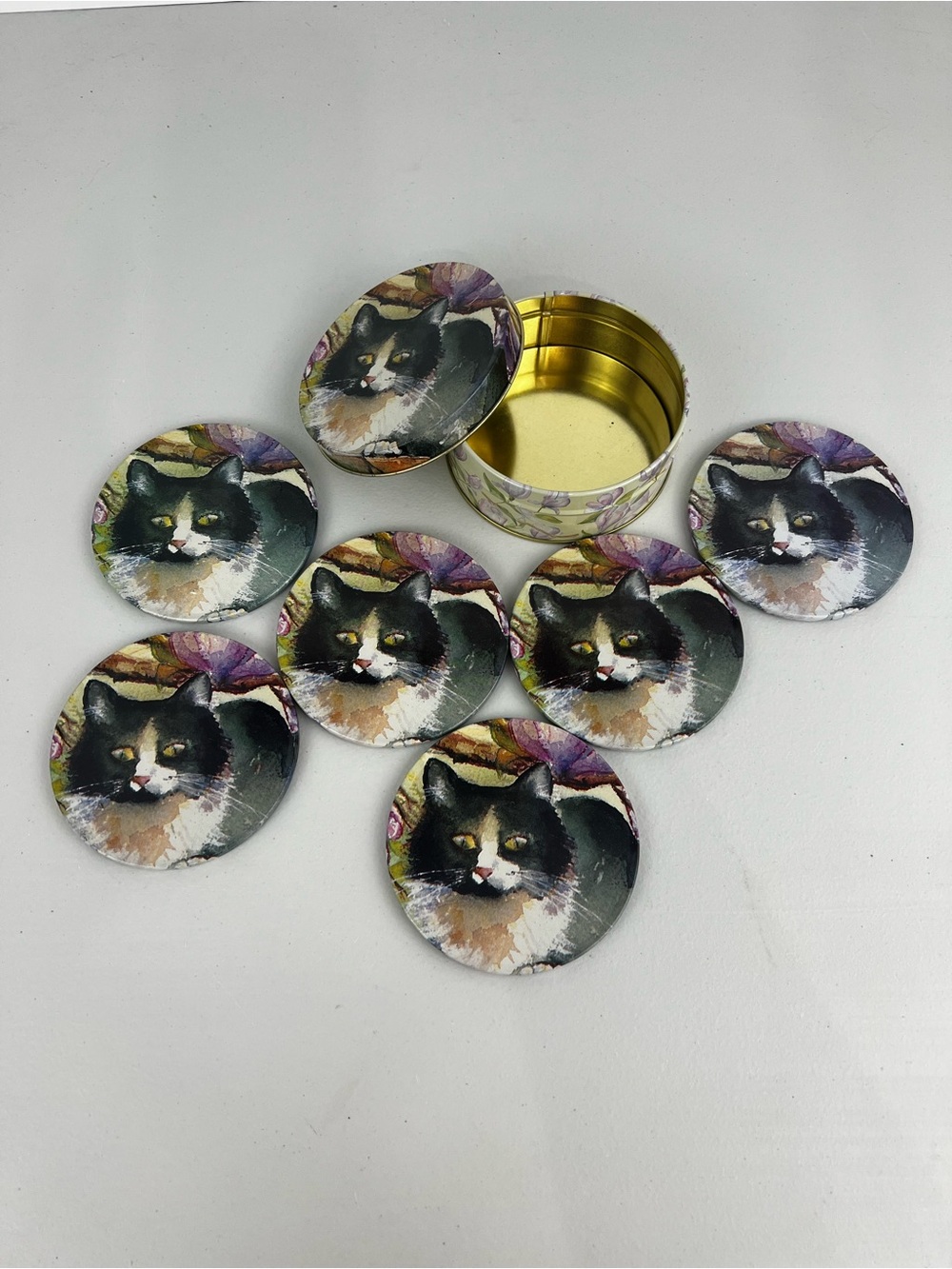 Vintage Lüber Tuxedo Cat Coasters Set of 6 with Tin Shirley Walker Art